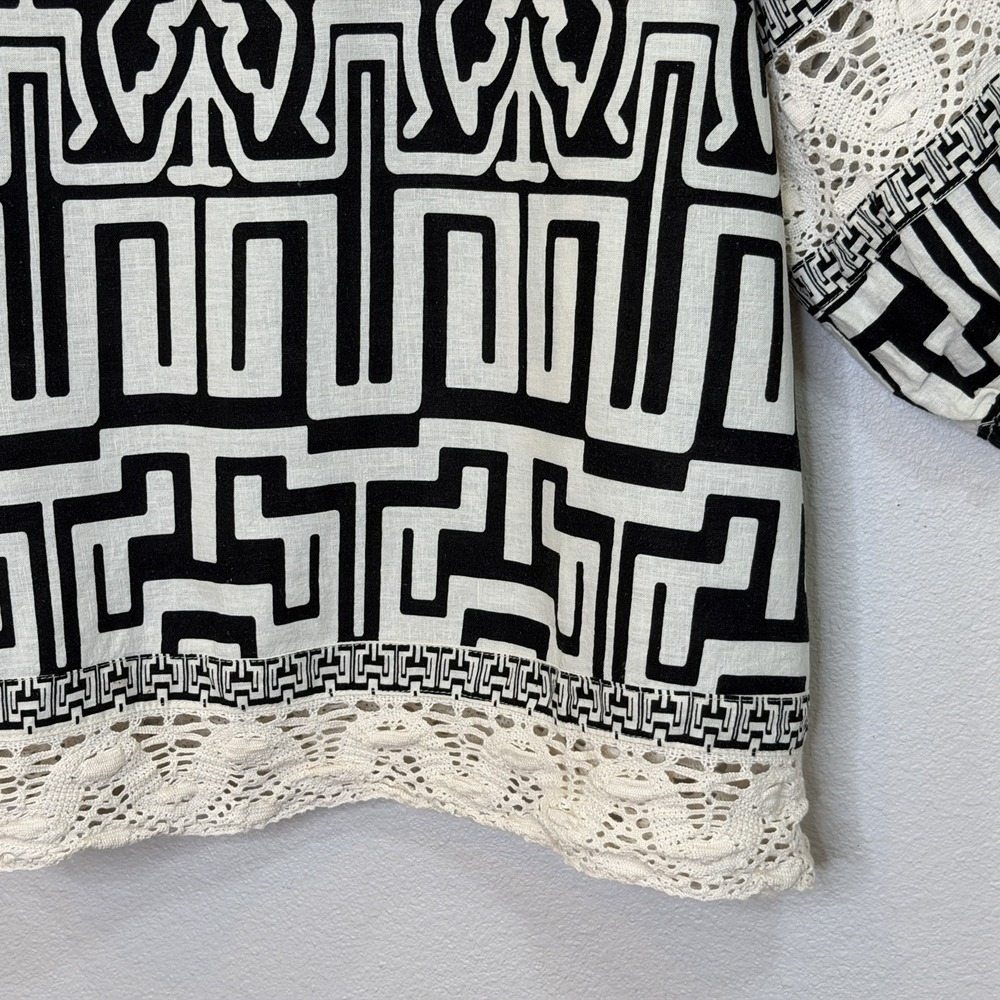 Cynthia Rowley Top Size 2X Black Off White Print V-Neck 3/4 Sleeve Linen Blend - Picture 5 of 9